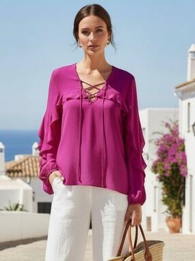 Kobi Halperin 100% Silk Hot Pink Ruffle Lace-Up Blouse Size L BarbieCore Glam